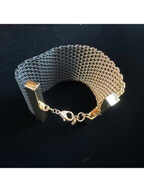Vintage Liquid Gold & Black Mesh Gate Cuff Bracelet, Mid-Century Two-Tone Wide S